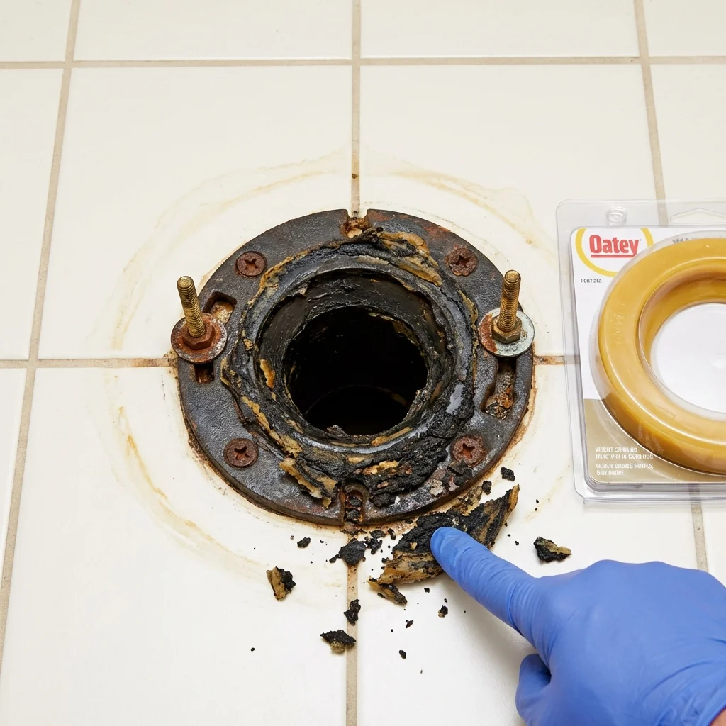 Failed wax ring showing water seepage at the base of a toilet in a Perry, FL home