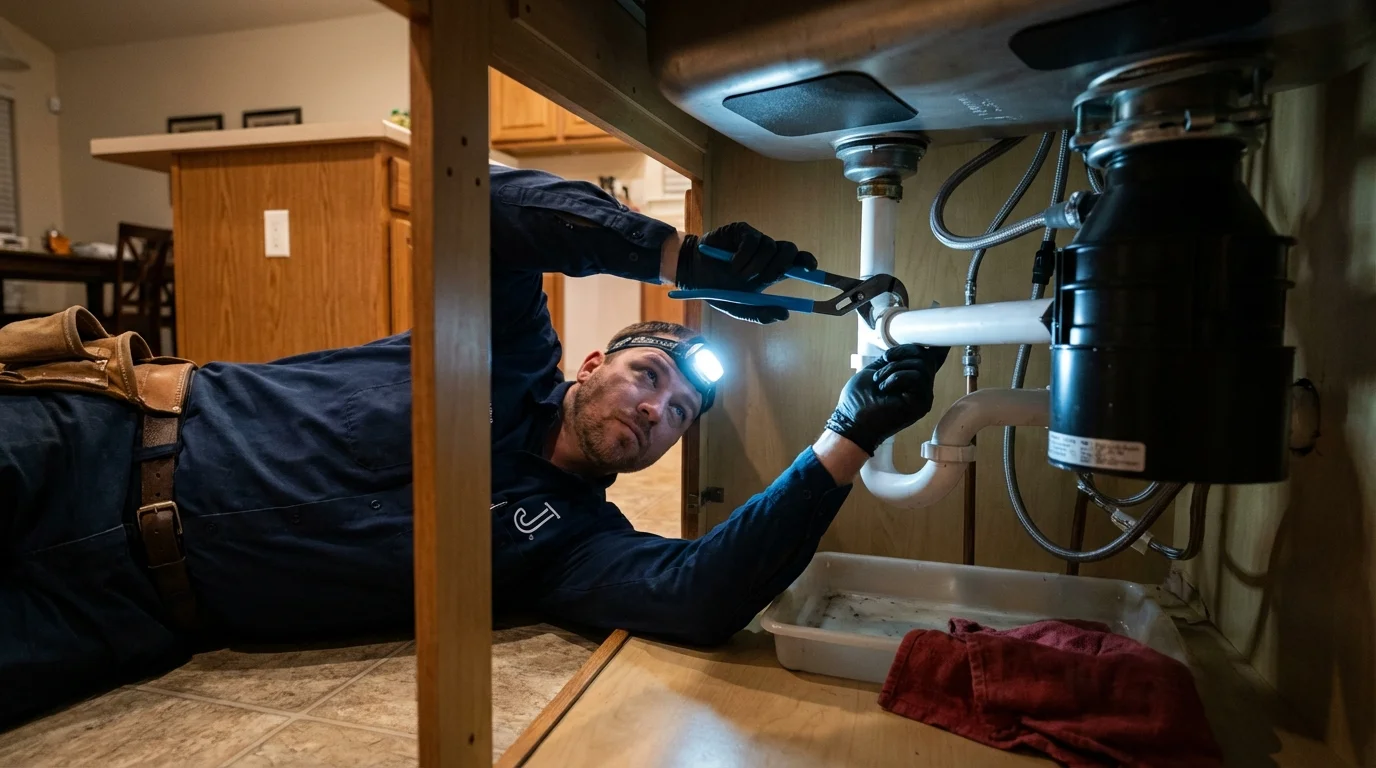 P-trap and supply line connections under a kitchen sink showing a common leak point in Perry, FL